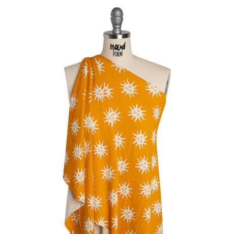 Stretch Ruched Nylon Jersey - Marigold Yellow and White Suns with Faces - Designer Deadstock