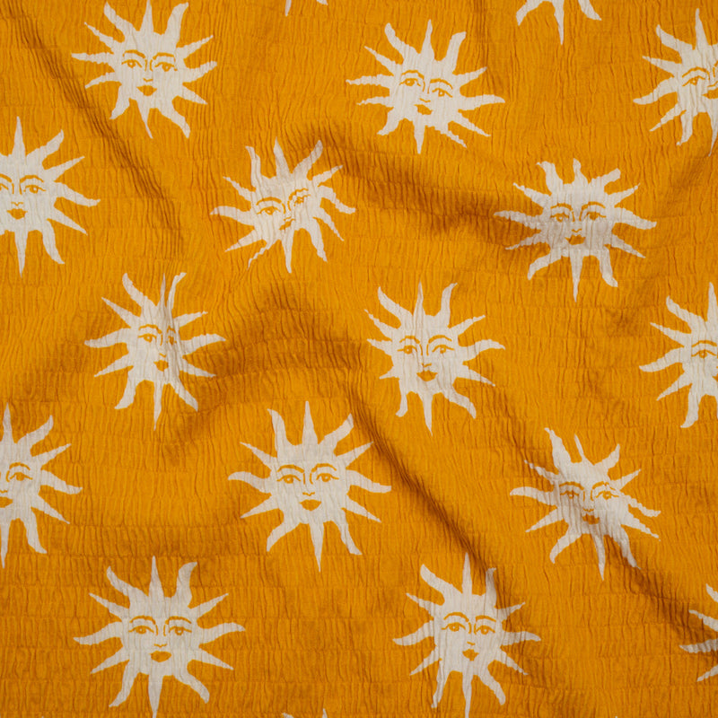 Stretch Ruched Nylon Jersey - Marigold Yellow and White Suns with Faces - Designer Deadstock
