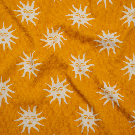 Stretch Ruched Nylon Jersey - Marigold Yellow and White Suns with Faces - Designer Deadstock