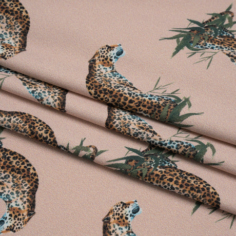 Stretch Nylon Swimwear Tricot - Beige, Brown and Green Leopard in Leaves - Designer Deadstock