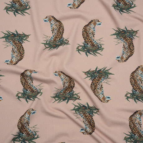 Stretch Nylon Swimwear Tricot - Beige, Brown and Green Leopard in Leaves - Designer Deadstock
