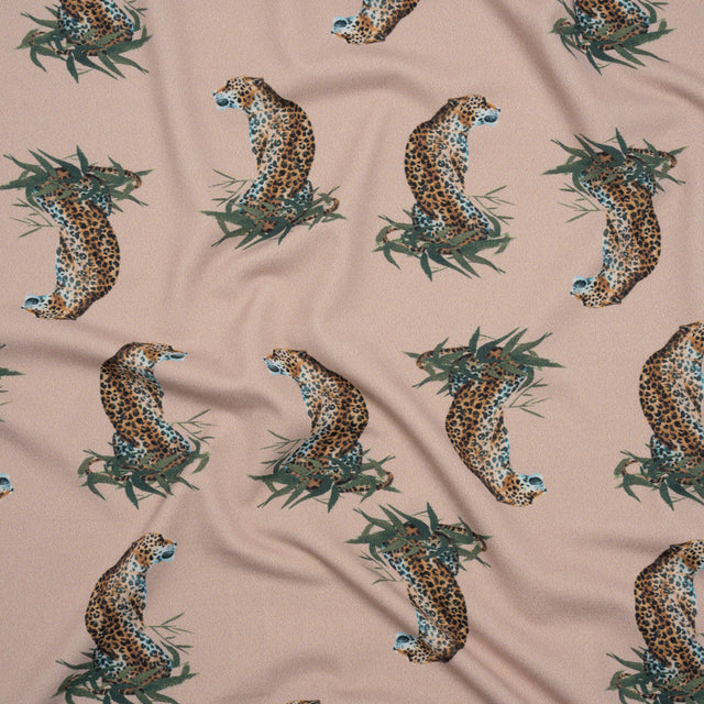 Stretch Nylon Swimwear Tricot - Beige, Brown and Green Leopard in Leaves - Designer Deadstock