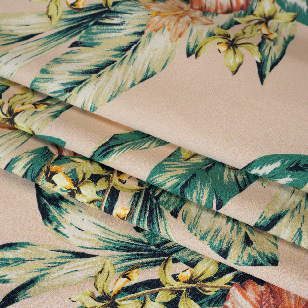 Stretch Nylon Swimwear Tricot - Beige, Green and Pink Tropical Bouquets - Designer Deadstock