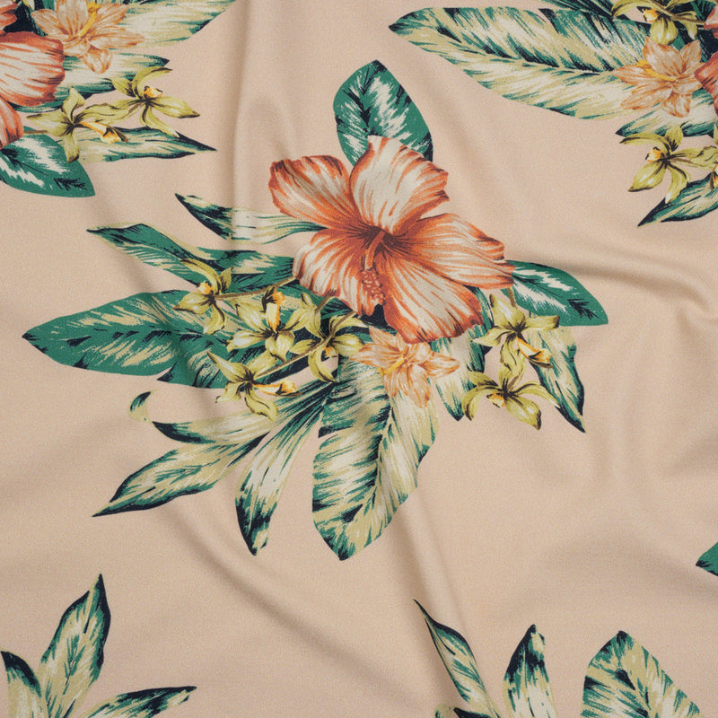 Stretch Nylon Swimwear Tricot - Beige, Green and Pink Tropical Bouquets - Designer Deadstock