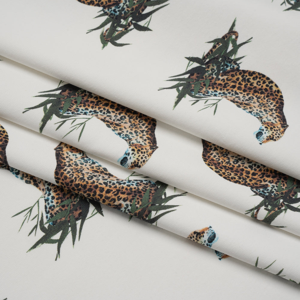 Stretch Nylon Swimwear Tricot - White, Brown and Green Leopard in Leaves - Designer Deadstock