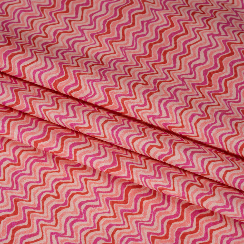Stretch Nylon Swimwear Tricot - Magenta, Red and Pink Wavy Lines - Designer Deadstock