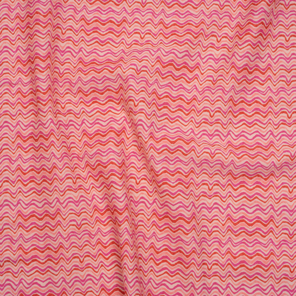 Stretch Nylon Swimwear Tricot - Magenta, Red and Pink Wavy Lines - Designer Deadstock