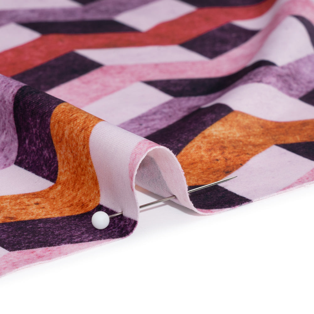 Stretch Nylon Jersey - Eggplant Purple, Pink and Burnt Orange Geometric Chevrons - Designer Deadstock