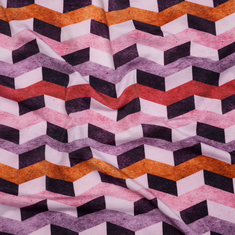 Stretch Nylon Jersey - Eggplant Purple, Pink and Burnt Orange Geometric Chevrons - Designer Deadstock