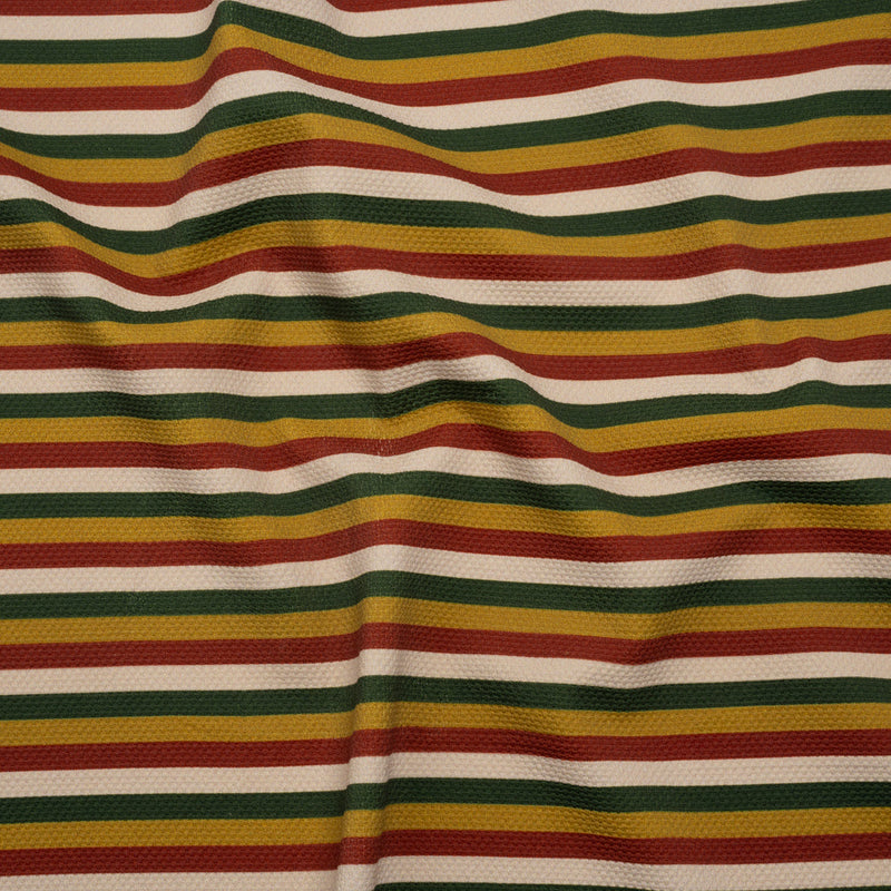 Stretch Polyester Pique Knit - Brick Red, Gold and Green Horizontal Stripes - Designer Deadstock