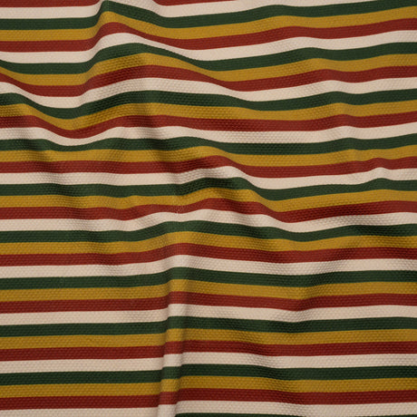 Stretch Polyester Pique Knit - Brick Red, Gold and Green Horizontal Stripes - Designer Deadstock