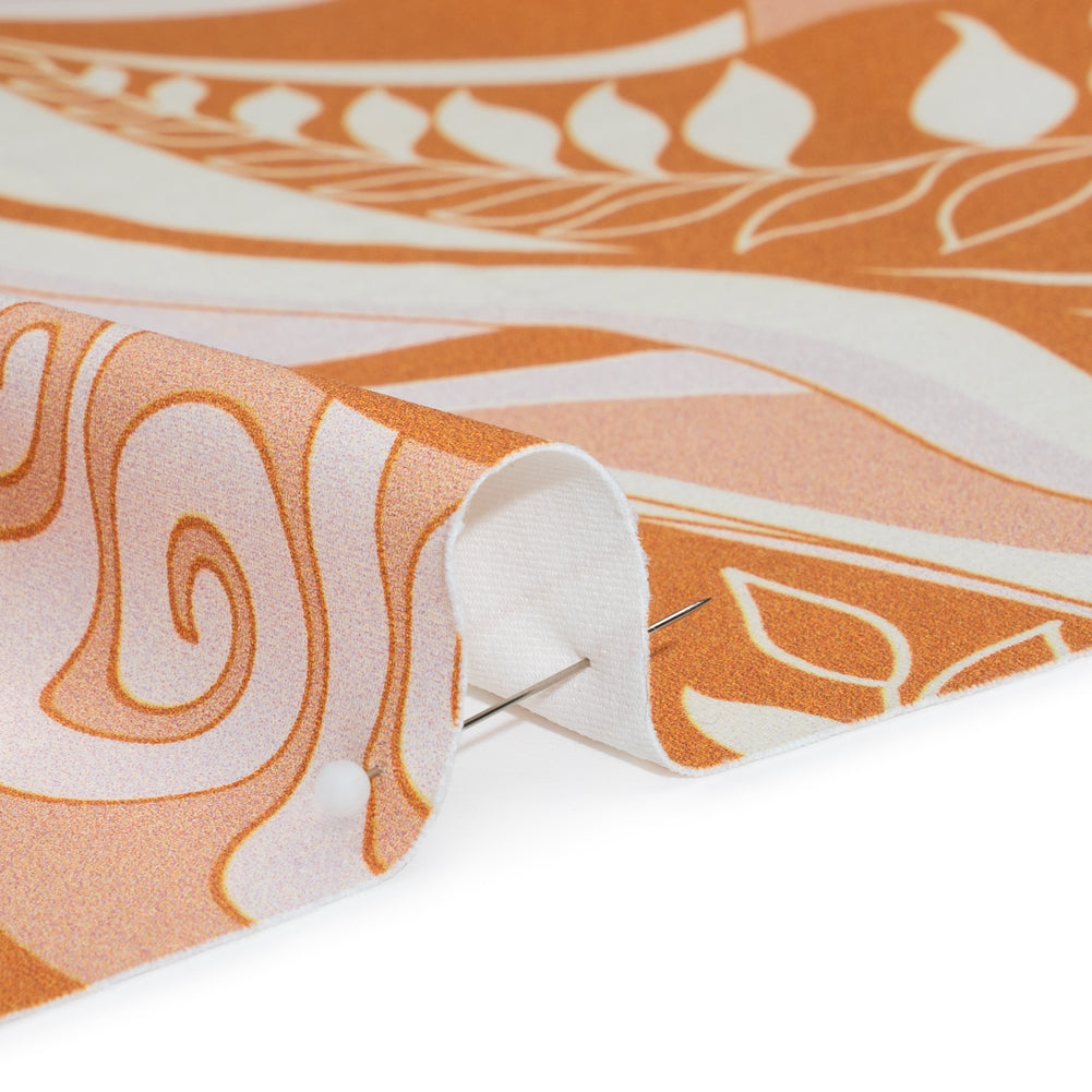 Stretch Nylon Swimwear Tricot - Caramel, Cream and Pale Pink Retro Swirls and Leaves - Designer Deadstock
