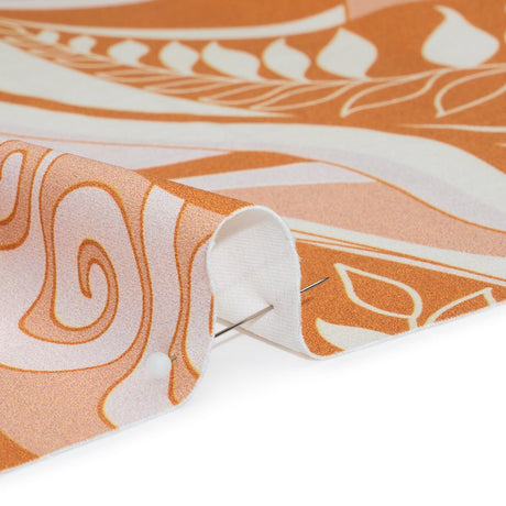 Stretch Nylon Swimwear Tricot - Caramel, Cream and Pale Pink Retro Swirls and Leaves - Designer Deadstock