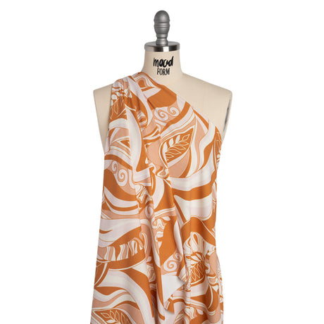 Stretch Nylon Swimwear Tricot - Caramel, Cream and Pale Pink Retro Swirls and Leaves - Designer Deadstock