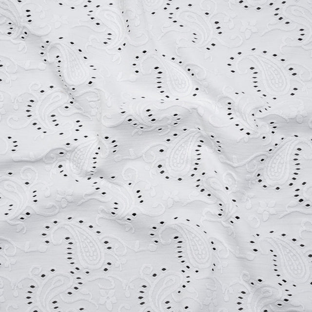 Stretch Nylon Eyelet Jacquard Knit - White Paisley - Designer Deadstock