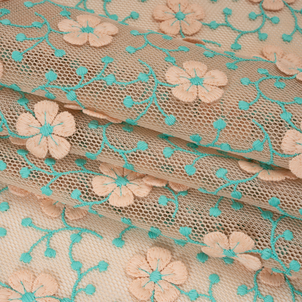 3D Embroidered Spacer Mesh - Peach and Turquoise Floral Vines - Designer Deadstock