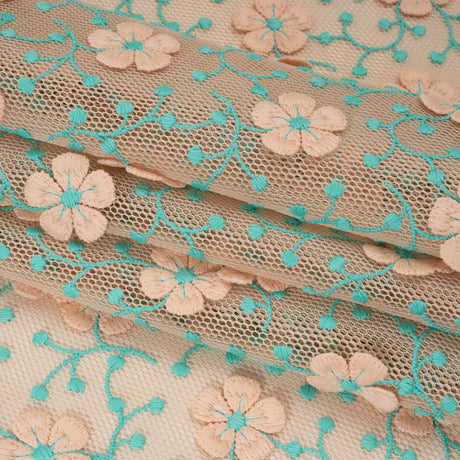 3D Embroidered Spacer Mesh - Peach and Turquoise Floral Vines - Designer Deadstock