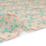 3D Embroidered Spacer Mesh - Peach and Turquoise Floral Vines - Designer Deadstock