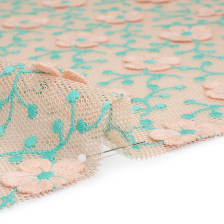 3D Embroidered Spacer Mesh - Peach and Turquoise Floral Vines - Designer Deadstock