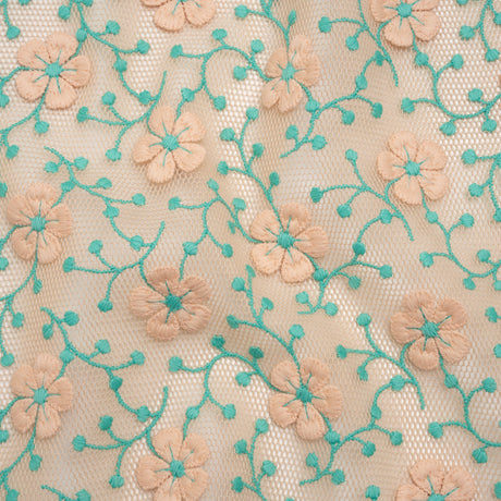 3D Embroidered Spacer Mesh - Peach and Turquoise Floral Vines - Designer Deadstock
