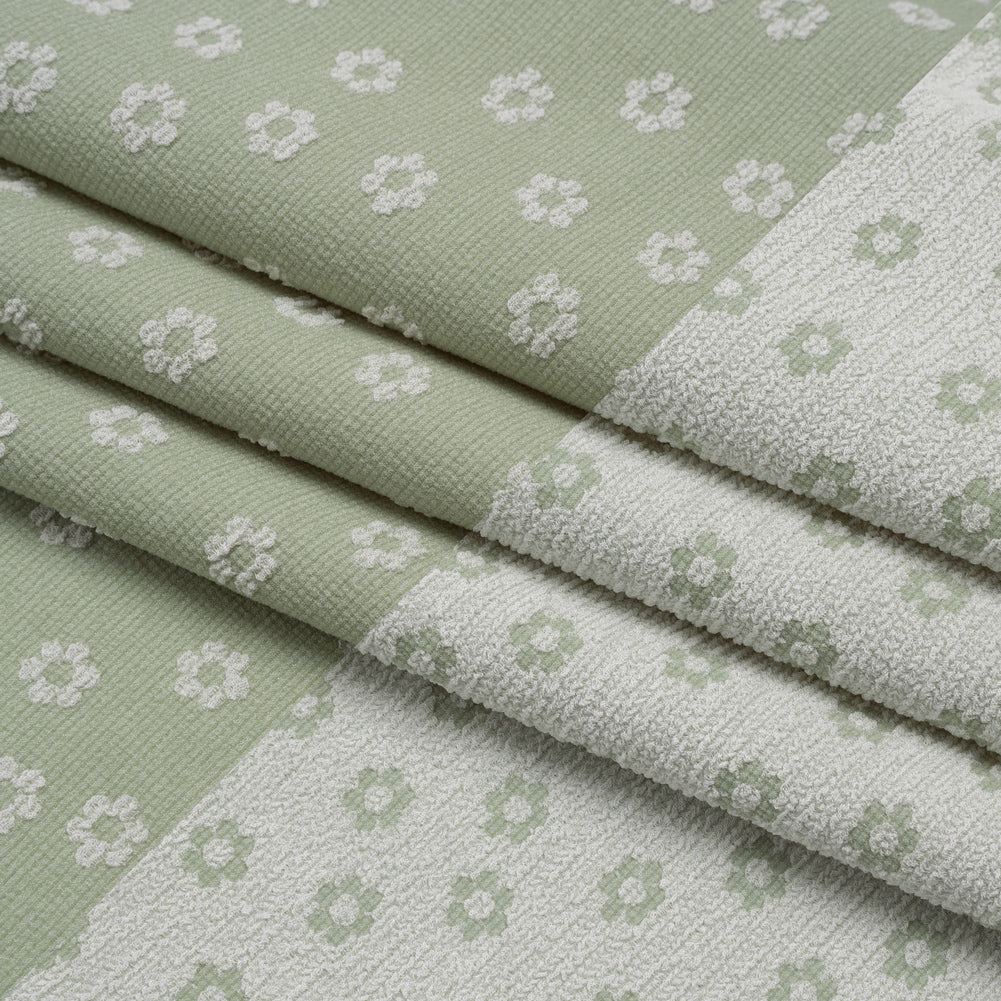 Stretch Textured Nylon Jacquard Knit - White and Jade Green Flower Dots - Designer Deadstock