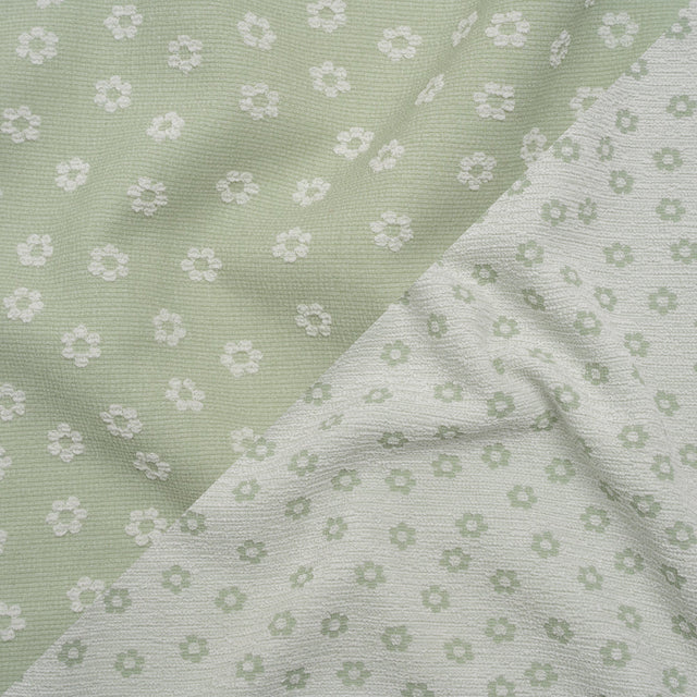 Stretch Textured Nylon Jacquard Knit - White and Jade Green Flower Dots - Designer Deadstock