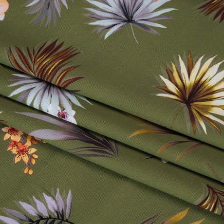 Stretch Nylon Jersey - Olive Green, Yellow and Orange Palm Leaves and Orchids - Designer Deadstock