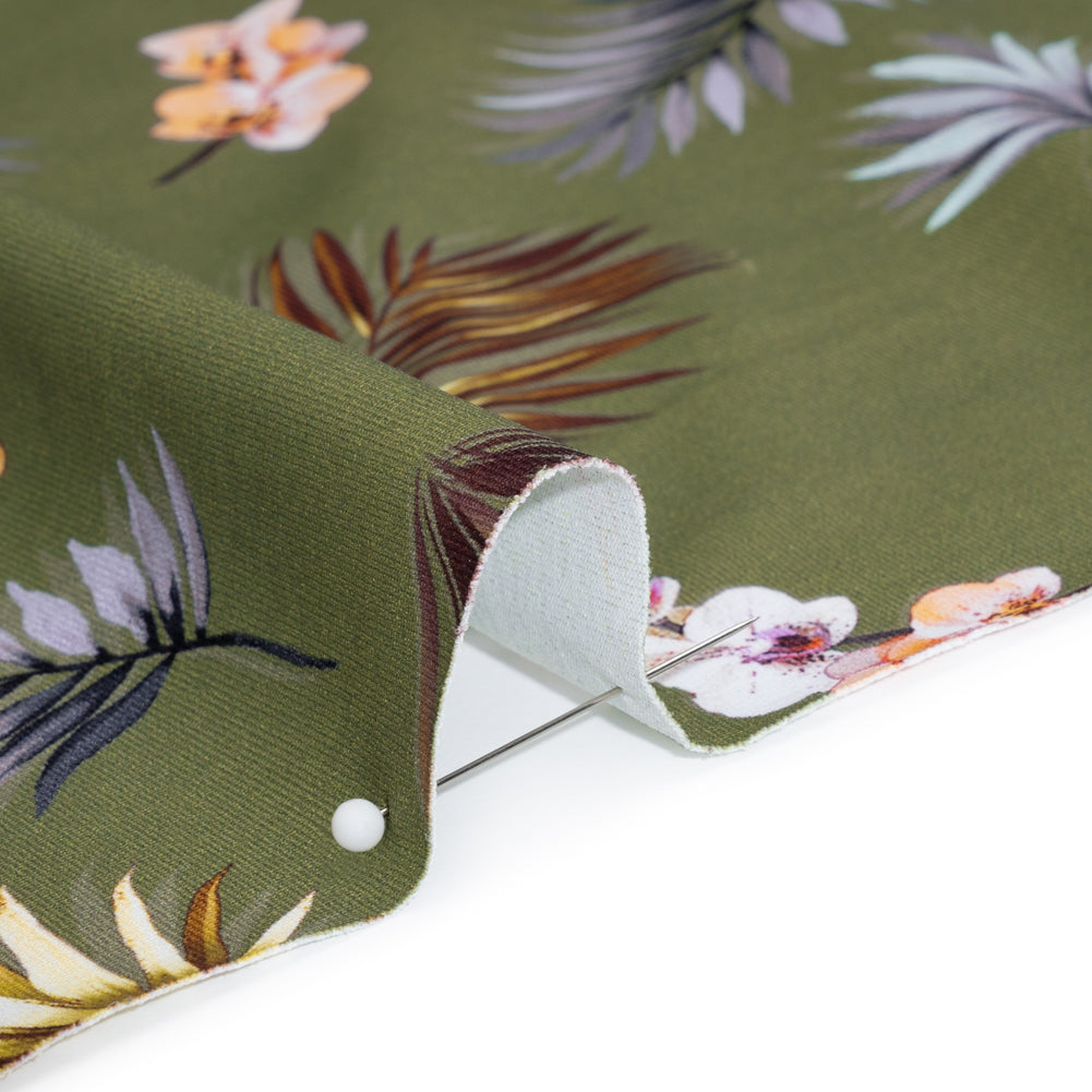 Stretch Nylon Jersey - Olive Green, Yellow and Orange Palm Leaves and Orchids - Designer Deadstock