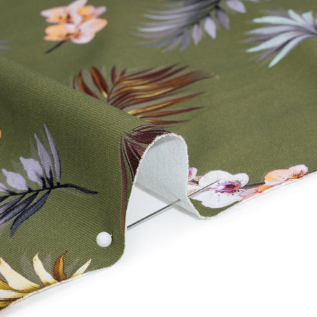 Stretch Nylon Jersey - Olive Green, Yellow and Orange Palm Leaves and Orchids - Designer Deadstock