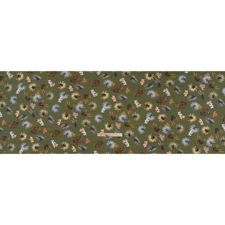 Stretch Nylon Jersey - Olive Green, Yellow and Orange Palm Leaves and Orchids - Designer Deadstock