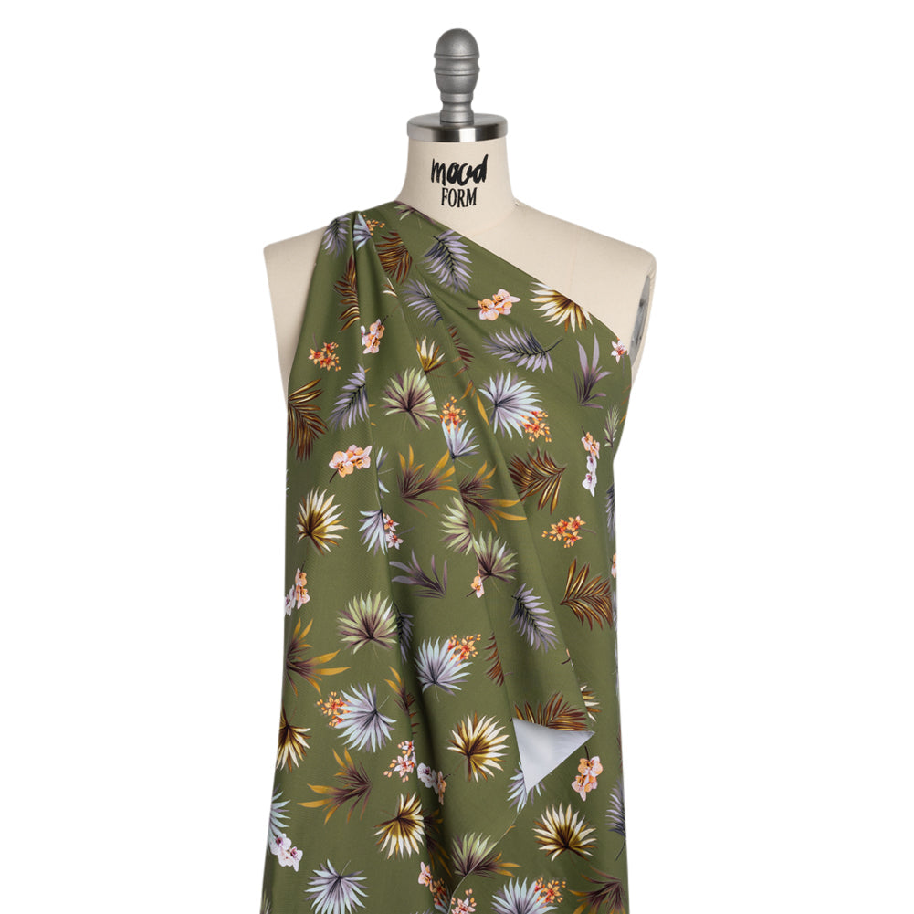 Stretch Nylon Jersey - Olive Green, Yellow and Orange Palm Leaves and Orchids - Designer Deadstock