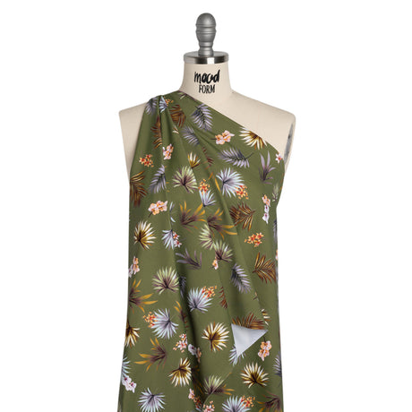 Stretch Nylon Jersey - Olive Green, Yellow and Orange Palm Leaves and Orchids - Designer Deadstock