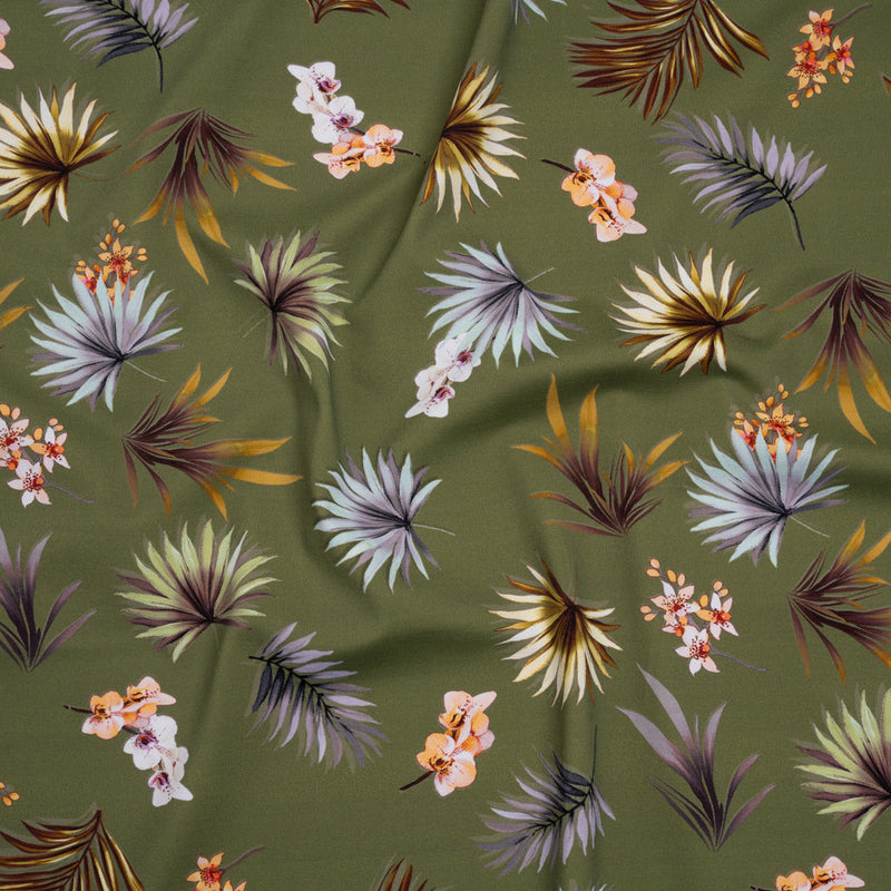 Stretch Nylon Jersey - Olive Green, Yellow and Orange Palm Leaves and Orchids - Designer Deadstock