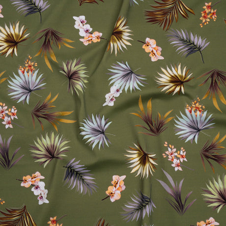 Stretch Nylon Jersey - Olive Green, Yellow and Orange Palm Leaves and Orchids - Designer Deadstock