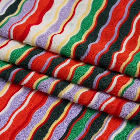 Stretch Rayon Textured Jersey - Red, Lavender and Green Wavy Horizontal Stripes - Designer Deadstock