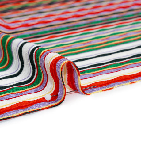 Stretch Rayon Textured Jersey - Red, Lavender and Green Wavy Horizontal Stripes - Designer Deadstock