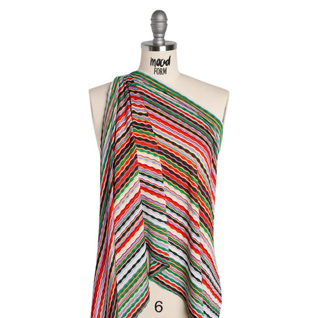 Stretch Rayon Textured Jersey - Red, Lavender and Green Wavy Horizontal Stripes - Designer Deadstock