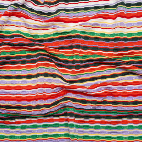 Stretch Rayon Textured Jersey - Red, Lavender and Green Wavy Horizontal Stripes - Designer Deadstock