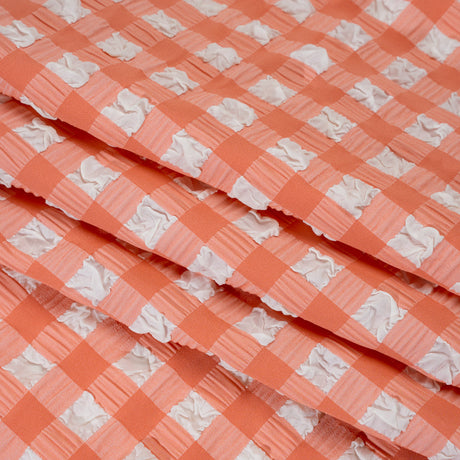 Puffy Stretch Polyester Seersucker - Pink and White Checks - Designer Deadstock