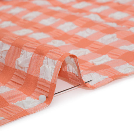 Puffy Stretch Polyester Seersucker - Pink and White Checks - Designer Deadstock