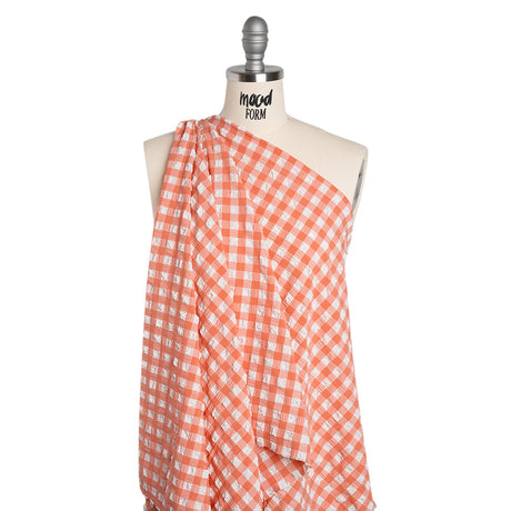 Puffy Stretch Polyester Seersucker - Pink and White Checks - Designer Deadstock