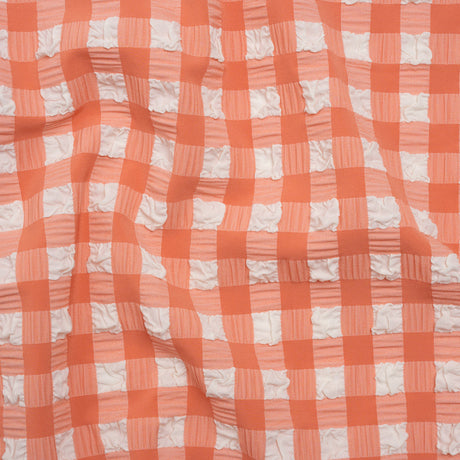 Puffy Stretch Polyester Seersucker - Pink and White Checks - Designer Deadstock