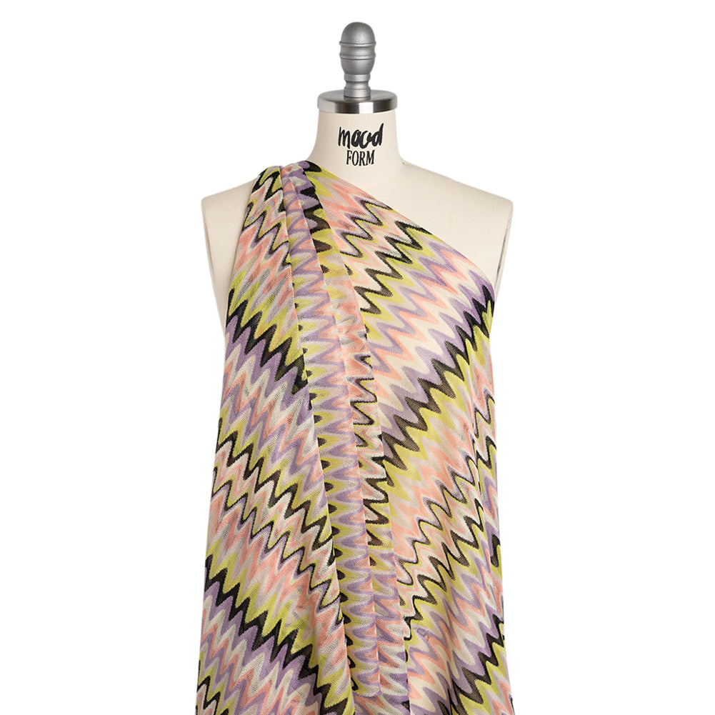 Polyester Sheer Novelty Knit - Lime Green, Lavender and Pink Retro Waves - Designer Deadstock