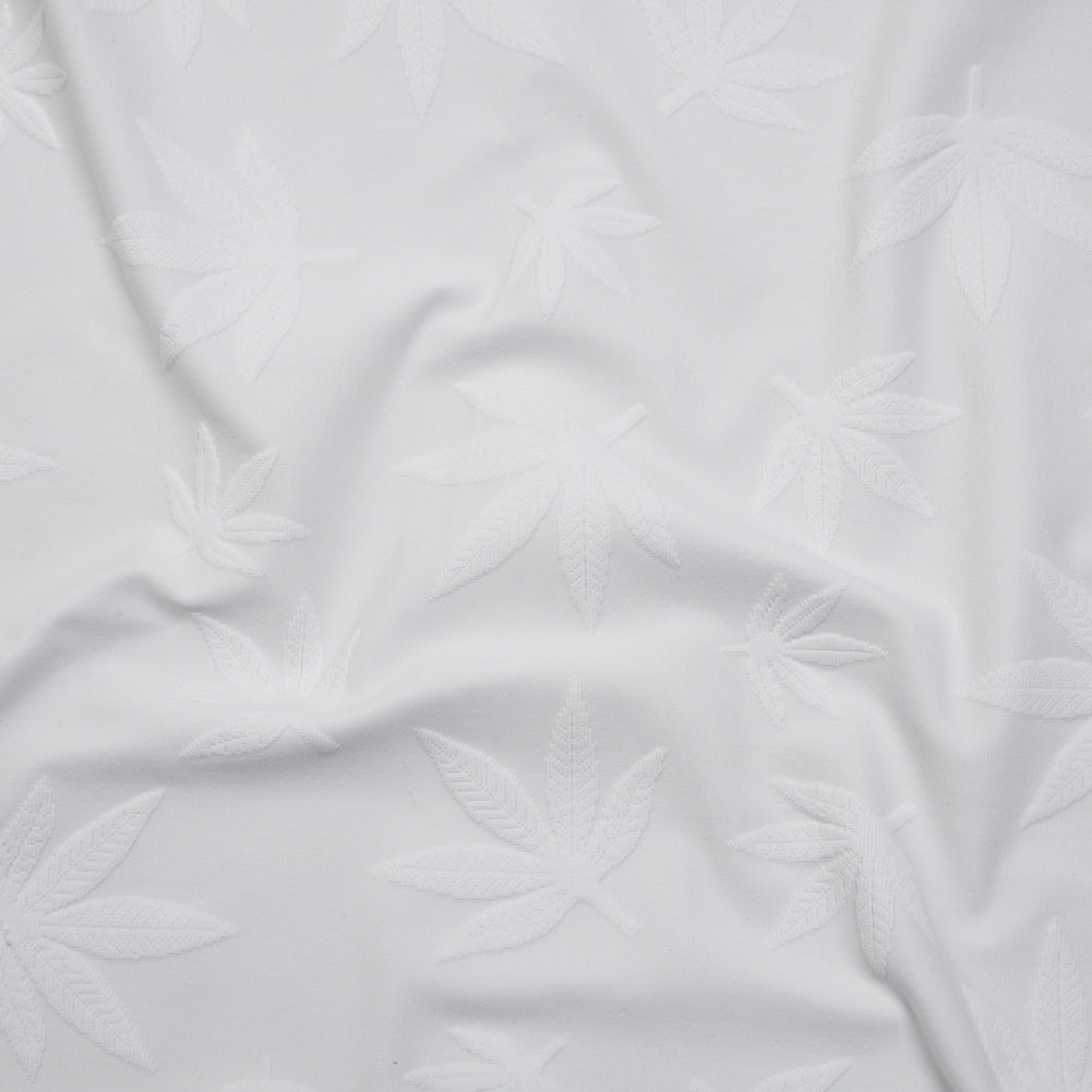 Stretch Polyester Jacquard Knit - White Scattered Leaves - Designer Deadstock