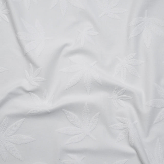Stretch Polyester Jacquard Knit - White Scattered Leaves - Designer Deadstock