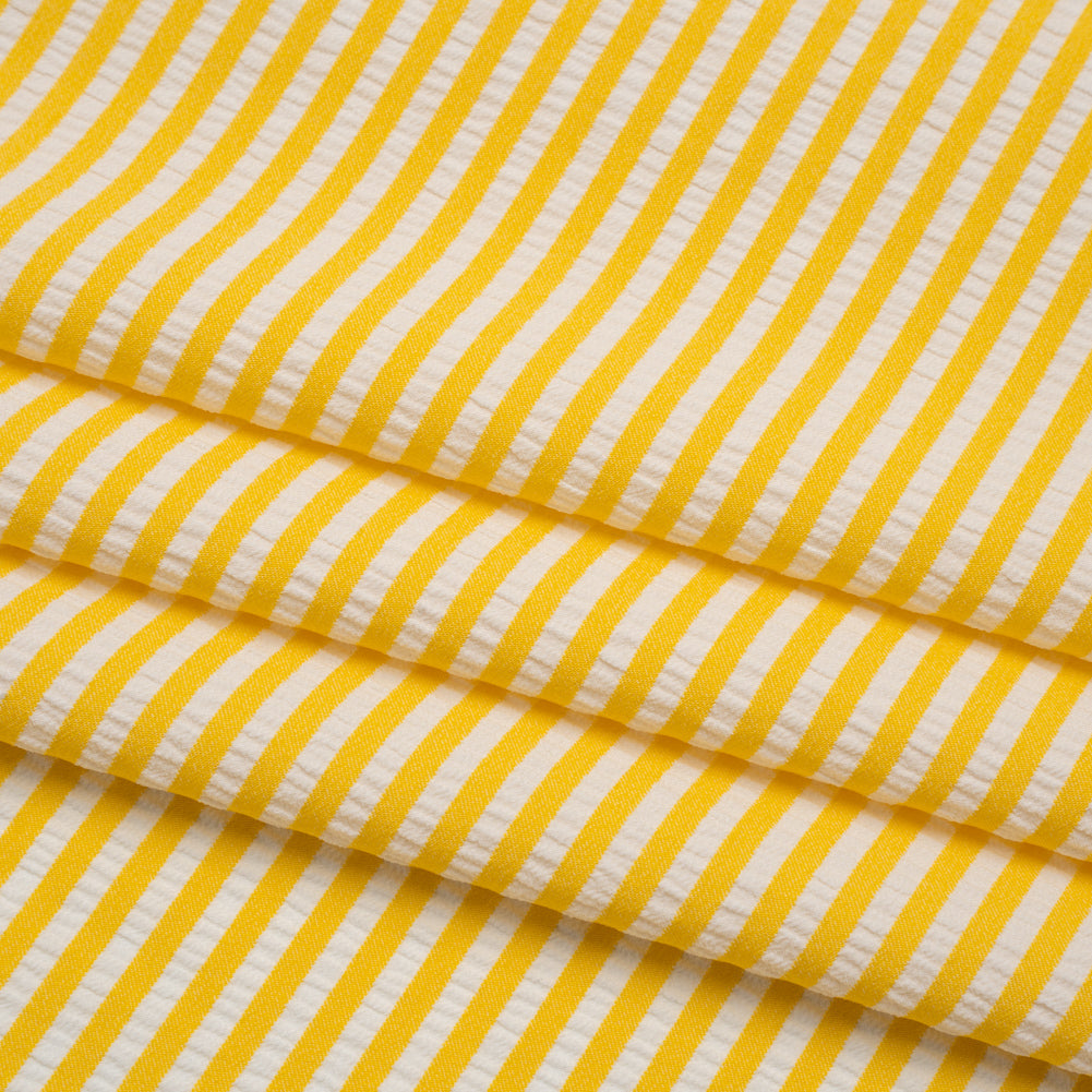 Stretch Polyester Seersucker - Lemon Yellow and White Candy Stripes - Designer Deadstock