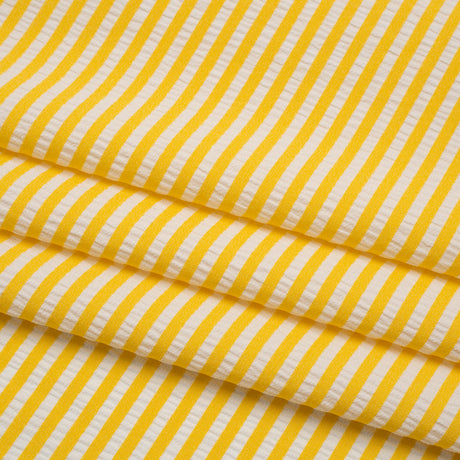Stretch Polyester Seersucker - Lemon Yellow and White Candy Stripes - Designer Deadstock