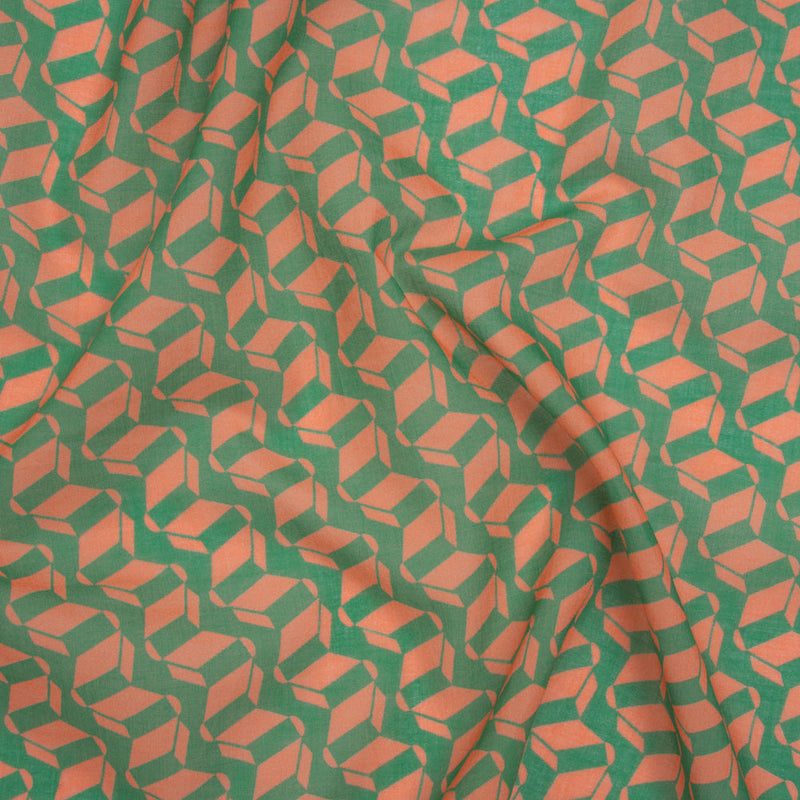 Cotton Voile Print - Kelly Green and Peach Geometric - Deadstock
