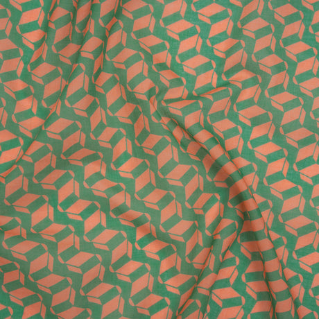 Cotton Voile Print - Kelly Green and Peach Geometric - Deadstock