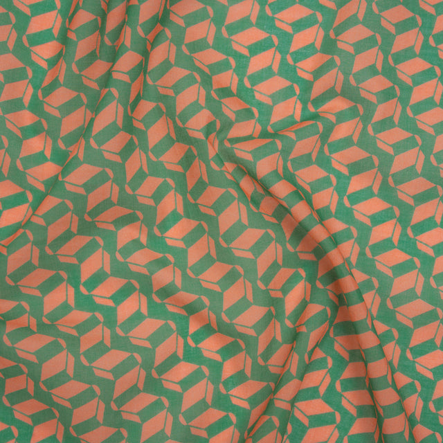 Cotton Voile Print - Kelly Green and Peach Geometric - Deadstock